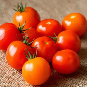 Bicolor cherry tomatoes sitting on a burlap tablecloth