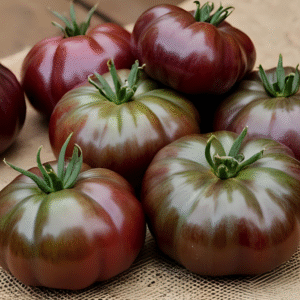 Black Krim Heirloom Tomatoes on a Burlap Tablecloth