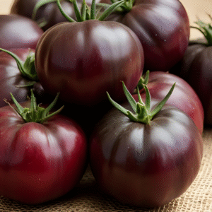 Black Prince Tomatoes in a pile on burlap on a table
