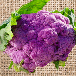 Italian Purple Cauliflower on a burlap background